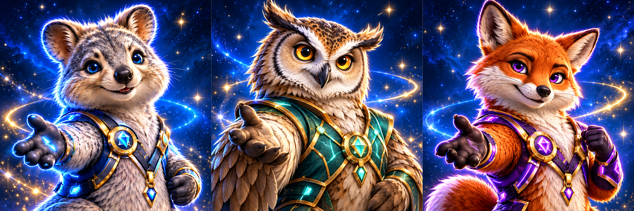 Three SuperIntelligence companions: a blue-armored raccoon, a teal-armored owl, and a purple-armored fox, surrounded by stars and glowing gold circuits