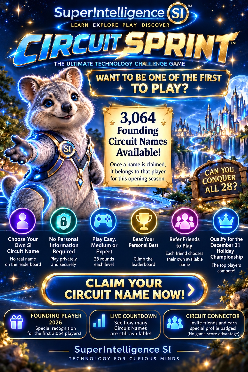 The friendly SuperIntelligence SI mascot in blue and gold armor